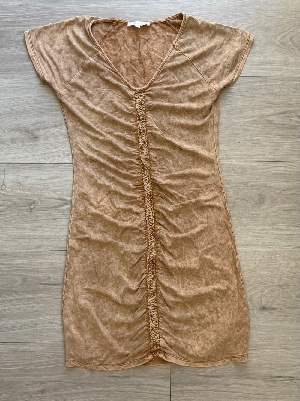 Promesa Ruched V-Neck Short Sleeve Mini Dress - Brown